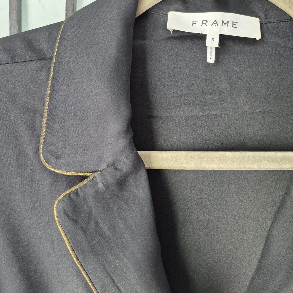 Frame 100% Silk Black Button Down Shirt with Gold Trim - Picture 4 of 9